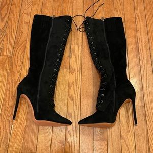 Black Suede Lace-up Knee High Boots